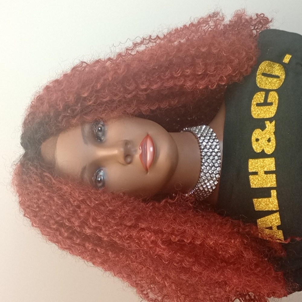 Red kinky curly wig with black roots
